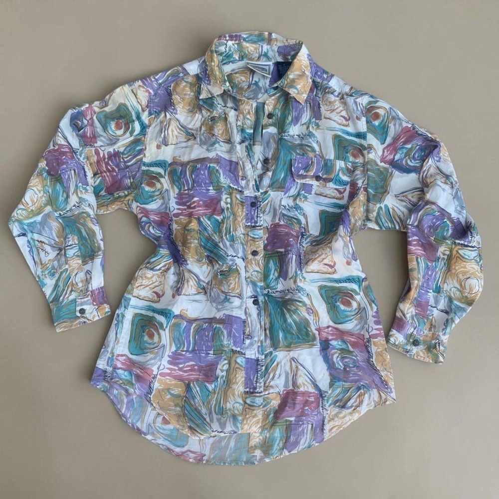 Vintage Peaches & Smith 100% Silk Abstract Print Button Down Shirt Medium